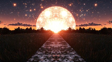 Poster - enchanting path leading to a glowing moon illuminating the night sky surrounded by celestial energy 