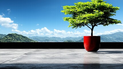 Poster - Lively potted tree in a bright red pot adding a touch of nature to indoor living spaces