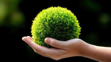 Poster - A close-up of a hand holding a bright green ball with focus on texture and color in natural light