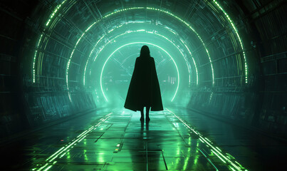 Poster - mysterious figure in cloak standing in futuristic neon-lit tunnel.