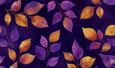 Poster - Vibrant purple and gold leaves pattern on dark background for elegant design.