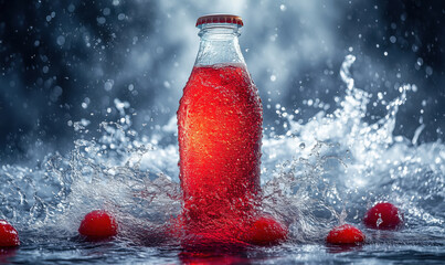 Poster - Refreshing red beverage bottle surrounded by splashes and droplets in dramatic lighting.
