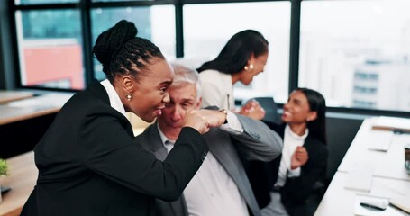 Aufkleber - Business, computer and team with celebration applause for IPO launch, trading success and financial profit. Stock market, employees and excited people with fist bump, investment growth and good news