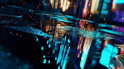 Poster - captivating cityscape with reflections illuminated by night lights creating a dreamlike holographic 