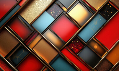 Poster - Colorful geometric abstract background with red, blue, gold, and black panels.