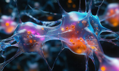 Poster - colorful neurons with glowing synapses in abstract biological illustration.