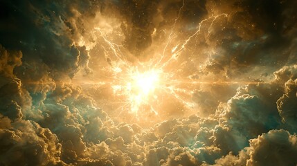 Poster - Brilliant sun shining through fluffy clouds creating a beautiful display of light and shadows in a celestial atmosphere of peaceful serenity