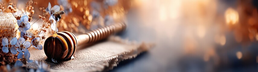 Poster - Realistic depiction of a honeycomb structure with golden accents set in a creative space with soft-focus background and artistic lighting effects