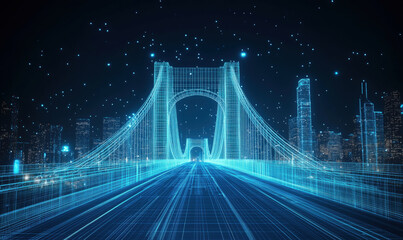 Poster - Futuristic digital bridge design with glowing blue wireframe structure and city skyline.