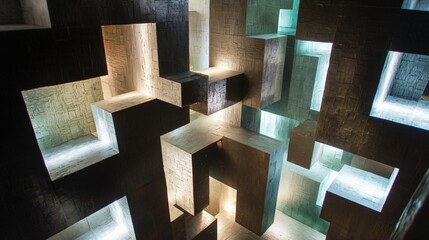 Poster - Room filled with many cubes creating a unique artistic environment representing celestial energy fields and dimensional rifts in 3d design