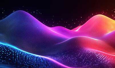 Poster - Colorful abstract wave patterns with glowing dots and gradients in digital landscape.