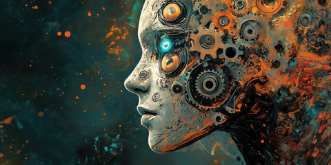Poster - futuristic robotic woman with gears and mechanical elements in vibrant colors.