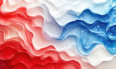 Poster - Abstract wavy pattern in red, white, and blue with water droplets.