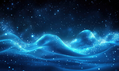 Poster - Glowing blue waves with sparkling stars in cosmic night sky.
