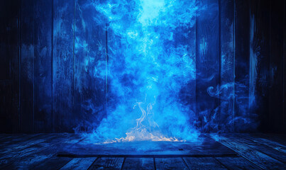Poster - Blue smoke and flame effect on wooden floor with dark background.