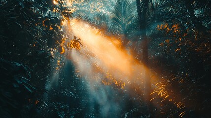 Poster - A forest bathed in ethereal illumination from above creating a magical atmosphere in a sunlit jungle landscape