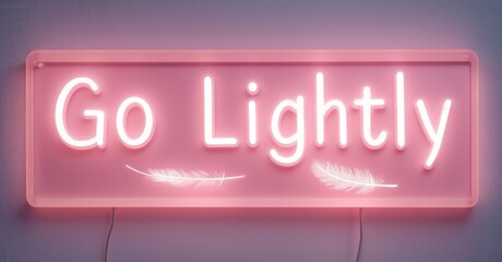 Fototapete - Pink neon sign displays Go Lightly with feather illustrations below text. Soft lighting, muted purple backdrop present.