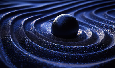 Poster - Black sphere on textured blue sand waves creating mesmerizing patterns and reflections.