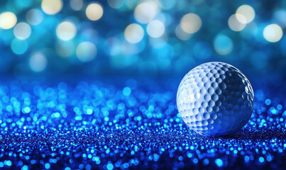 Poster - Golf ball on sparkling blue background with bokeh effect for sports themes.