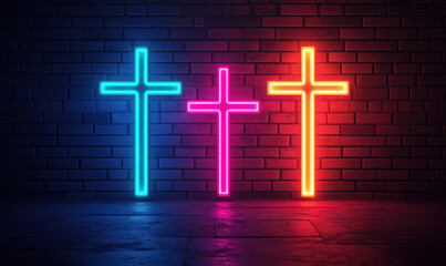 Poster - Neon crosses glowing in blue, pink, and orange against dark brick wall.