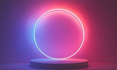 Poster - neon circular light display with vibrant pink and blue glow on pedestal.