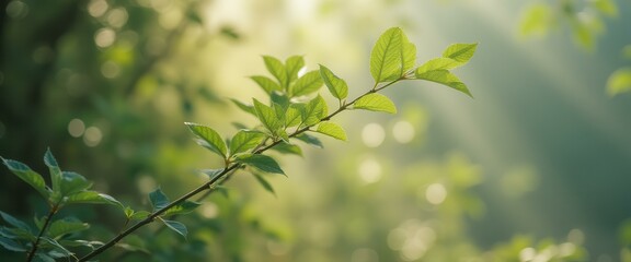 Aufkleber - Branch with fresh green leaves in soft morning light, natural serenity