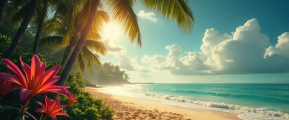 Poster - Tropical Beach Paradise with Palm Trees, Turquoise Water, and Vibrant Flowers