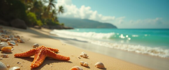 Poster - Serenity on the Shore: Starfish, Seashells, and Turquoise Waters on a Tropical Beach