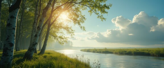 Poster - Tranquil River Flowing Through a Lush Green Meadow Under a Sunny Sky with Birch Trees