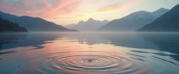 Poster - Ripple in tranquil mountain lake at sunset creates serene reflections and a sense of peace