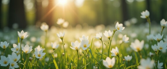 Aufkleber - Meadow of White Flowers Bathed in Warm Sunlight - Peaceful Nature Scene