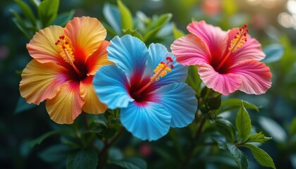 Aufkleber - Vibrant Hibiscus Flowers Displaying a Spectrum of Color, Petal Detail and Delicate Stamen Beauty