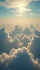 Poster - Ethereal Sunlit Clouds: A Majestic Aerial View of Soft, White Clouds Under a Radiant Sky, Bathed in Golden Sunlight.