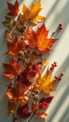 Poster - Autumnal Serenity: A Delicate Arrangement of Fall Leaves and Berries on a Neutral Surface Illuminated by Gentle Sunlight