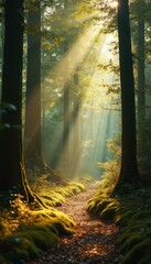 Poster - Sunlight streams through tall trees in a tranquil forest path, creating a serene and magical atmosphere.
