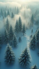Poster - Misty Dawn Over a Snowy Evergreen Forest: Aerial View of Winter Wonderland with Fog and Sunlight