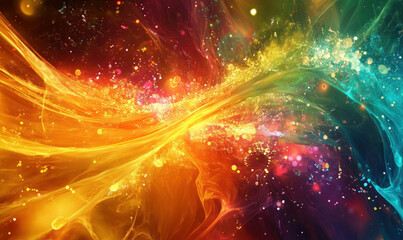 Poster - Colorful abstract background with vibrant swirls and glowing particles.