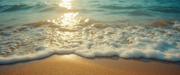 Poster - Sea foam rolling gently onto a sandy beach during golden hour, creating a serene coastal scene.