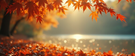 Aufkleber - Autumn Serenity: Golden Maple Leaves by Lakeside at Sunset with Water Reflections and Fallen Leaves