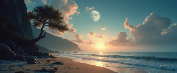 Poster - Moonlit seascape with calm waves and sunlit clouds over sandy beach, picturesque scenery of coastal nature