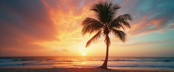 Poster - Stunning Tropical Beach Sunset with a Silhouetted Palm Tree Against a Fiery Sky