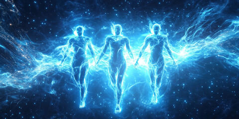 Poster - Ethereal figures emerging from cosmic energy in a vibrant starry background.