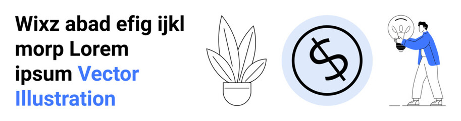 Poster - potted plant, dollar sign circled, and person holding lightbulb. ideal for finance, business, innova