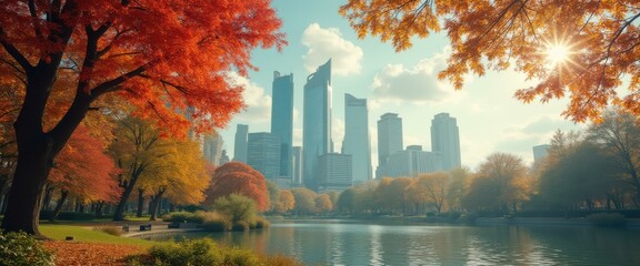 Poster - Autumn foliage frames serene lake with futuristic skyline backdrop in dreamy, tranquil scene