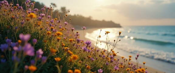 Poster - Vibrant wildflowers dance in the golden sunlight along the coast, creating a serene scene with the calming ocean backdrop.