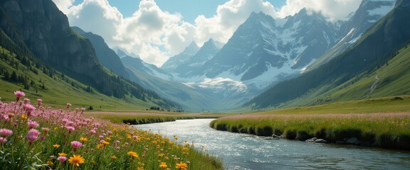 Poster - Valley landscape with a river flowing through a field of wildflowers and snow-capped mountains in the distance.