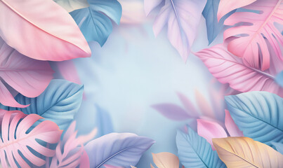 Poster - Colorful tropical leaves frame with pastel shades for creative backgrounds.