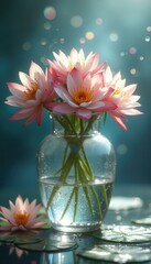 Aufkleber - Pink Lotus Flowers in a Glass Vase with Sparkling Water on a Reflective Surface