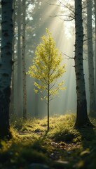 Fototapete - Young Yellow Tree in a Serene Forest Bathed in Sunlight, Creating a Foggy and Ethereal Atmosphere