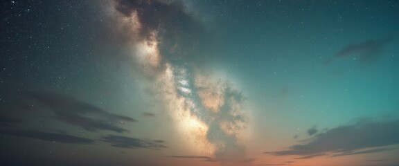 Aufkleber - Cosmic Dawn: A Panoramic View of the Milky Way Amidst Ethereal Clouds